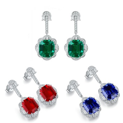 Ruif Jewelry Classic Design S925 Silver 7.18ct Lab Grown Emerald Earrings Red Ruby Royal Blue Sapphire Gemstone Jewelry