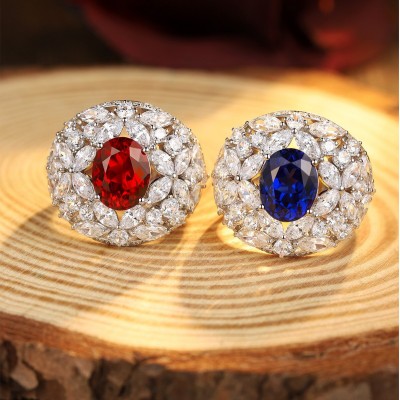 Ruif Jewelry Classic Design S925 Silver Lab Grown Ruby And Royal Blue Sapphire Ring Oval Shape Wedding Bands