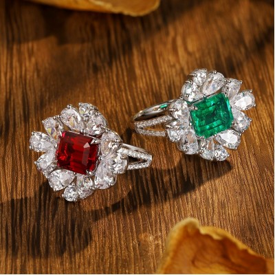 Ruif Jewelry Classic Design S925 Silver 2.76ct Lab Grown Emerald And Ruby Ring Wedding Bands