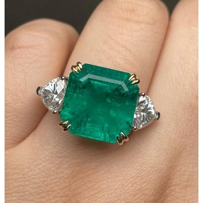 Ruif Jewelry Classic Three Stones Ring 18K White Gold 12ct Lab Grown Emerald Engagementring for Women