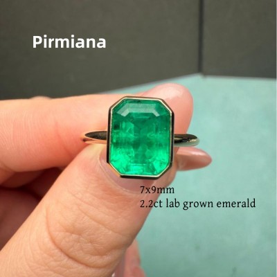 Ruif Jewlery Classic Ring 14K Yellow Gold 7x9mm 2.2ct Lab Grown Emerald Engagementring for Women
