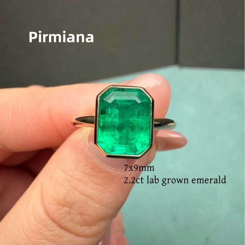 Ruif Jewlery Classic Ring 14K Yellow Gold 7x9mm 2.2ct Lab Grown Emerald Engagementring for Women
