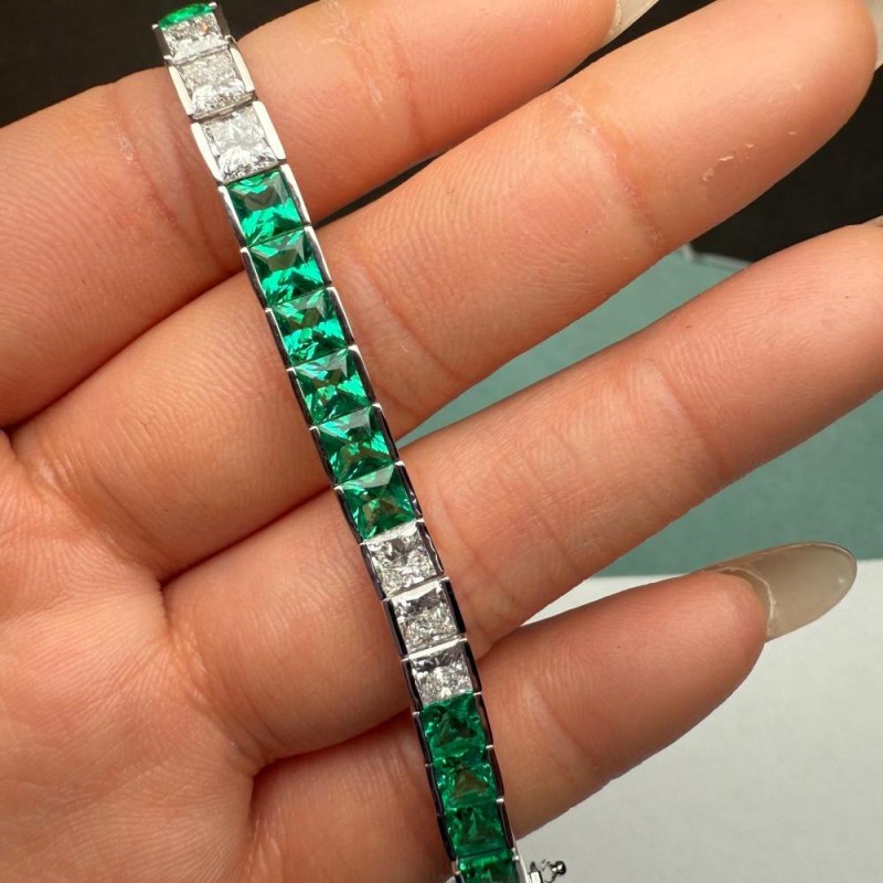 Ruif Jewelry Customized 14K White Gold 4x4mm Each Lab Grown Emerlad Bracelet for Women Fine Jewelry