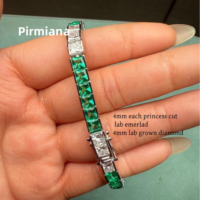 Ruif Jewelry Customized 14K White Gold 4x4mm Each Lab Grown Emerlad Bracelet for Women Fine Jewelry