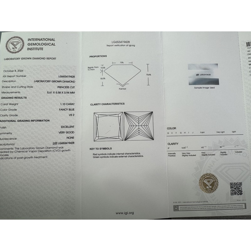Ruif Jewelry 1.10ct Princess Cut Fancy Blue VS 2 EX VG N Lab Grown Diamond IGI Certificate CVD for Diy Jewelry Making
