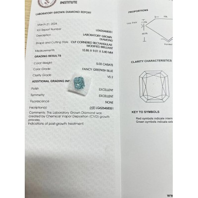 Ruif Jewelry New Intense Blue/Blue-Green Color 5.0ct Radiant Cut Lab Grown Diamond IGI Certificate CVD  diamond for Jewelry Making