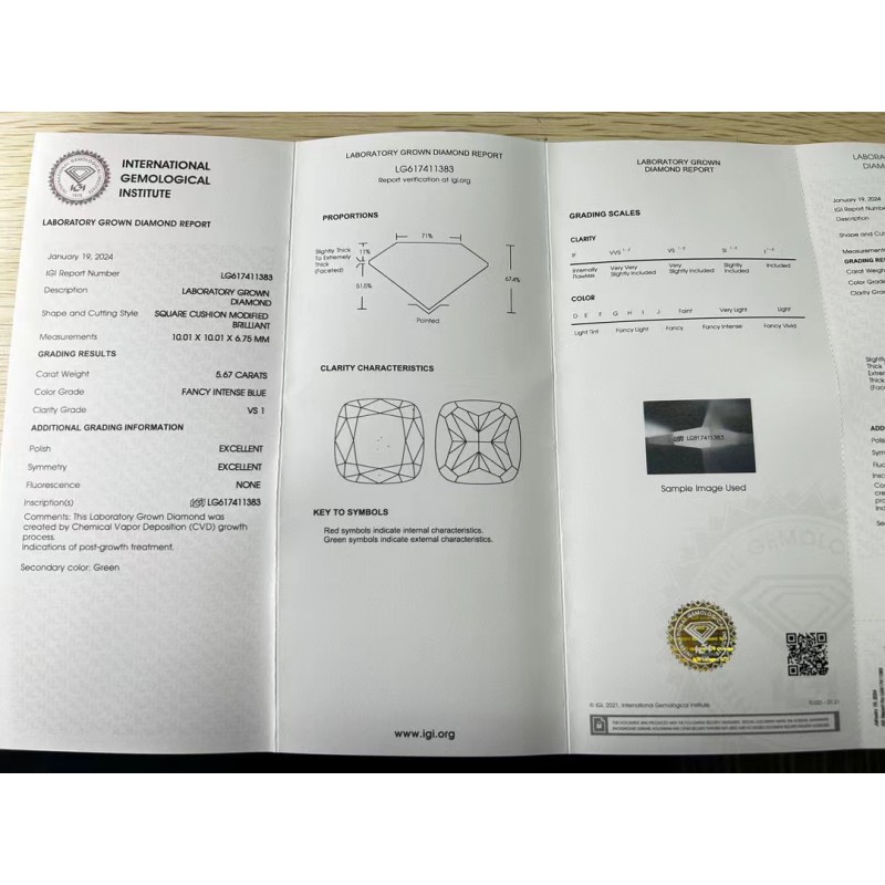 Ruif Jewelry 5.22/5.67ct Blue Color Cushion Cut Lab Grown Diamond CVD VS1/VS2 Loose Diamond for Diy Jewelry Making