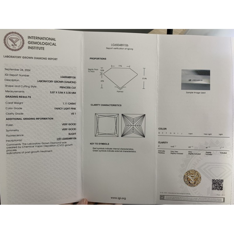 Ruif Jewelry New Princess Cut 1.11ct  Fancy Light Pink VS1 Lab Grown Diamond CVD Loose Diamond for Jewelry Making