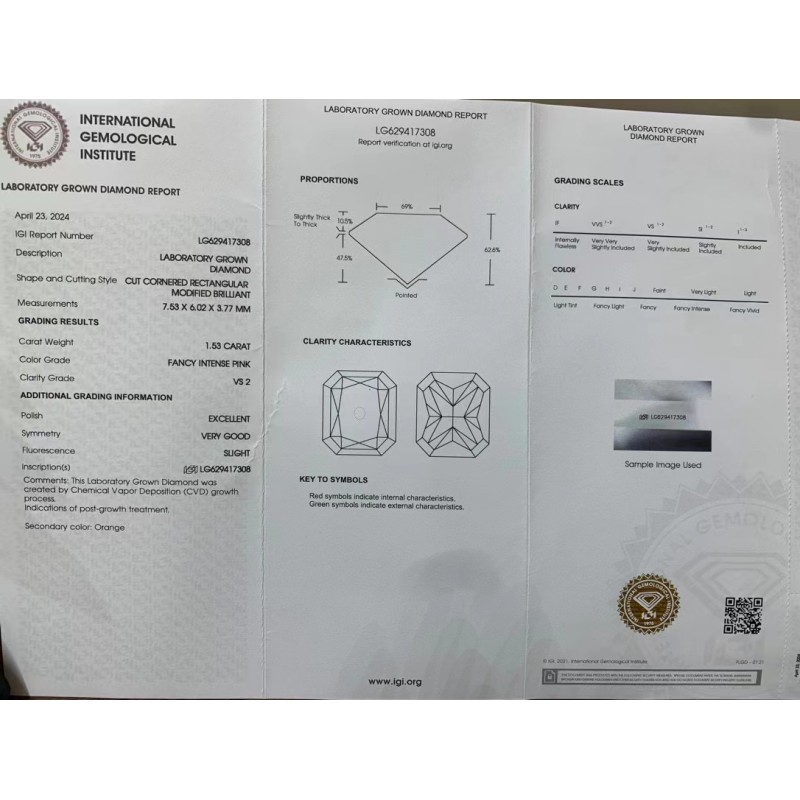 Ruif Jewelry Radiant Cut 1.53ct Fancy Pink  CVD  Lab Grown Diamond Can Custom Your Favoirite Jewelry with This Diamond