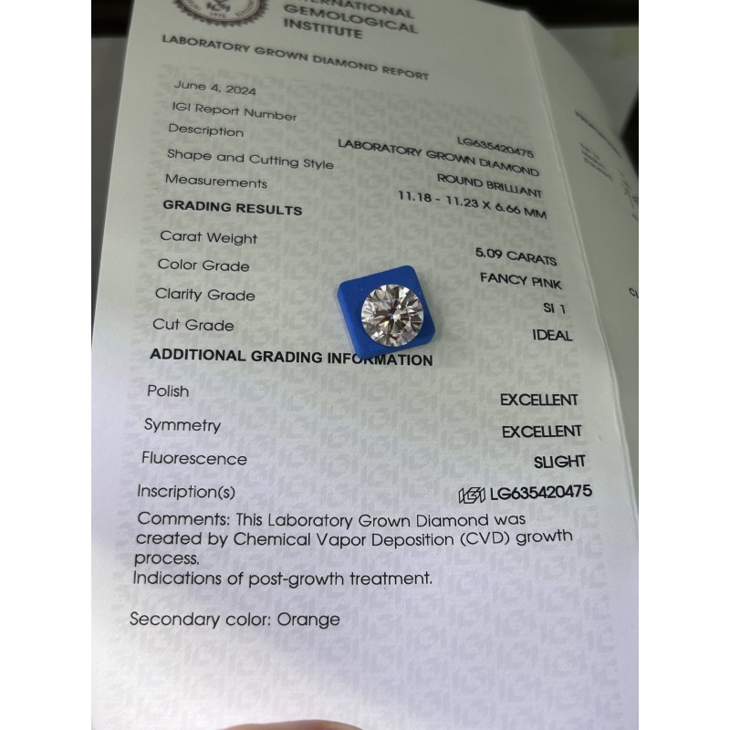 Ruif Jewelry Round Shape 5.09ct Light Fancy Pink  CVD  Lab Grown Diamond Can Custom Your Favoirite Jewelry with This Diamond